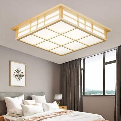 Traditional Japanese Square Wood Paper LED Flush Mount Ceiling Light For Living Room