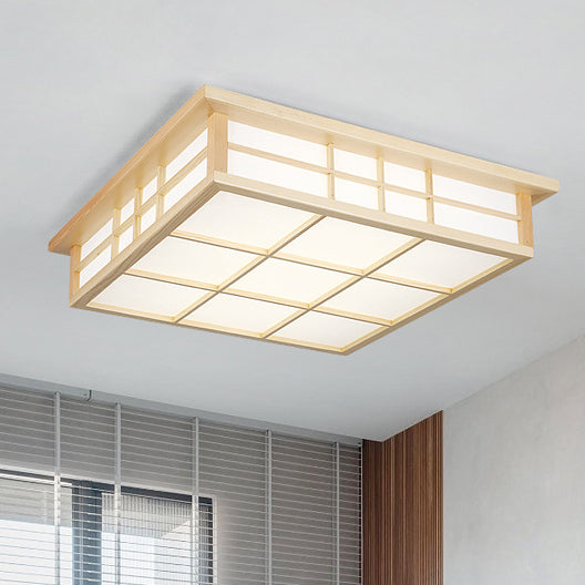 Traditional Japanese Square Wood Paper LED Flush Mount Ceiling Light For Living Room