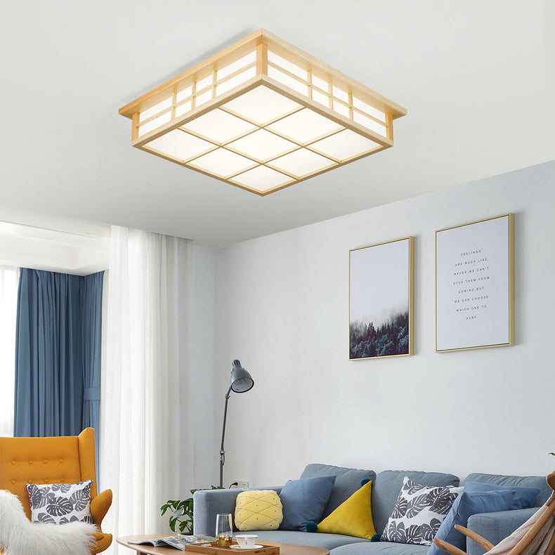 Traditional Japanese Square Wood Paper LED Flush Mount Ceiling Light For Living Room