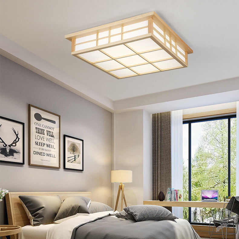 Traditional Japanese Square Wood Paper LED Flush Mount Ceiling Light For Living Room