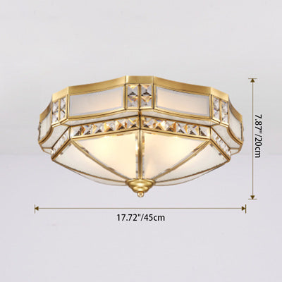 Traditional European Round Copper Glass 3/4-Light Flush Mount Ceiling Light For Living Room