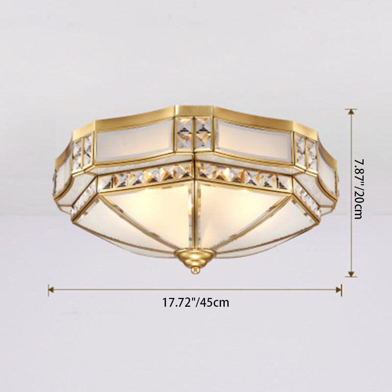 Traditional European Round Copper Glass 3/4-Light Flush Mount Ceiling Light For Living Room