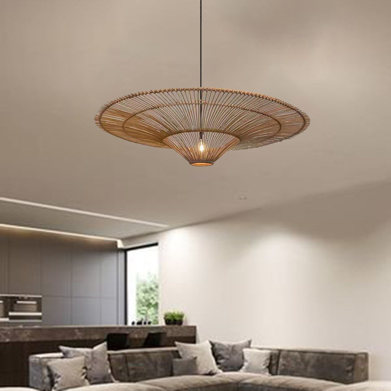 Traditional Japanese Round Rattan Iron 1-Light Pendant Light For Living Room