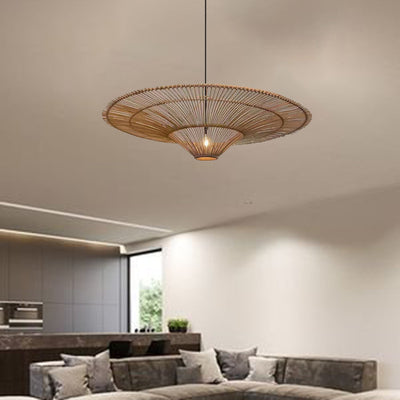 Traditional Japanese Round Rattan Iron 1-Light Pendant Light For Living Room