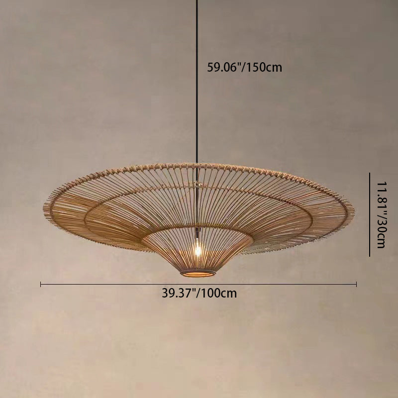 Traditional Japanese Round Rattan Iron 1-Light Pendant Light For Living Room