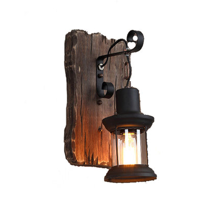 Contemporary Industrial Cylinder Wood Iron Glass 1-Light Wall Sconce Lamp For Living Room