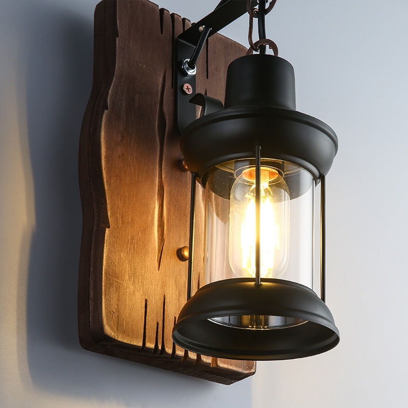 Contemporary Industrial Cylinder Wood Iron Glass 1-Light Wall Sconce Lamp For Living Room