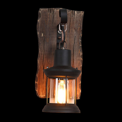 Contemporary Industrial Cylinder Wood Iron Glass 1-Light Wall Sconce Lamp For Living Room