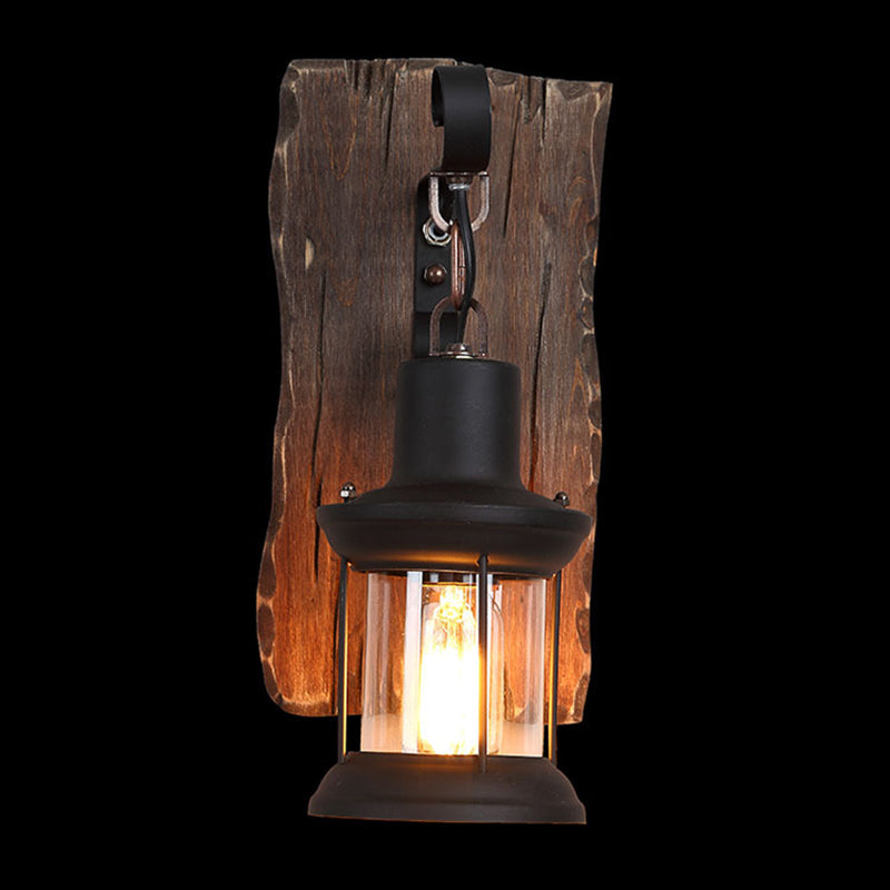 Contemporary Industrial Cylinder Wood Iron Glass 1-Light Wall Sconce Lamp For Living Room