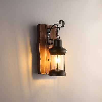 Contemporary Industrial Cylinder Wood Iron Glass 1-Light Wall Sconce Lamp For Living Room