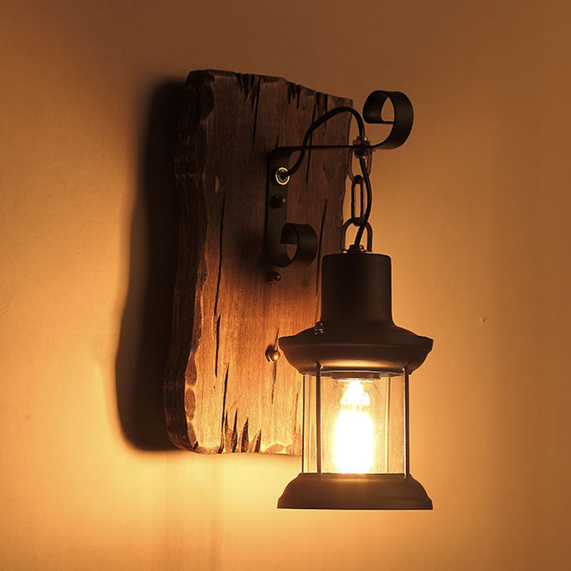 Contemporary Industrial Cylinder Wood Iron Glass 1-Light Wall Sconce Lamp For Living Room