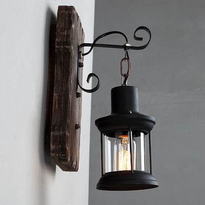 Contemporary Industrial Cylinder Wood Iron Glass 1-Light Wall Sconce Lamp For Living Room