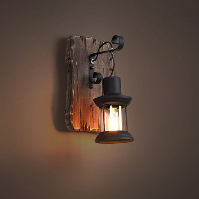 Contemporary Industrial Cylinder Wood Iron Glass 1-Light Wall Sconce Lamp For Living Room