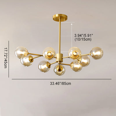 Moderner Kronleuchter aus der Mitte des Jahrhunderts mit Messingrahmen und Kugelschirm aus Molekularglas, 6/9/12/15 Lichter, für Wohnzimmer 