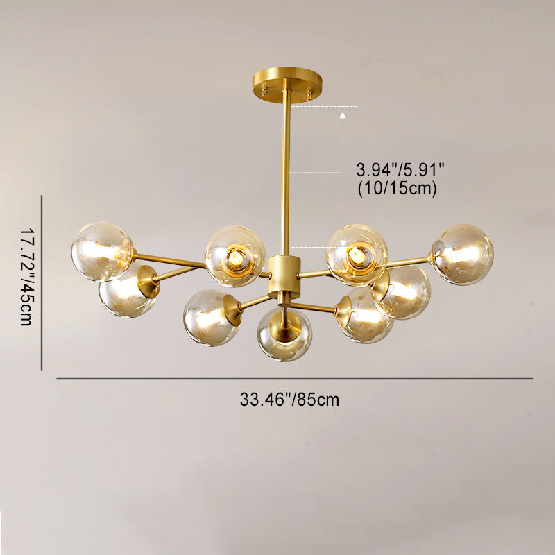 Moderner Kronleuchter aus der Mitte des Jahrhunderts mit Messingrahmen und Kugelschirm aus Molekularglas, 6/9/12/15 Lichter, für Wohnzimmer 