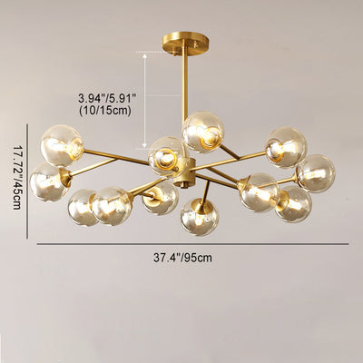 Moderner Kronleuchter aus der Mitte des Jahrhunderts mit Messingrahmen und Kugelschirm aus Molekularglas, 6/9/12/15 Lichter, für Wohnzimmer 