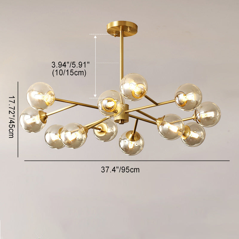 Moderner Kronleuchter aus der Mitte des Jahrhunderts mit Messingrahmen und Kugelschirm aus Molekularglas, 6/9/12/15 Lichter, für Wohnzimmer 