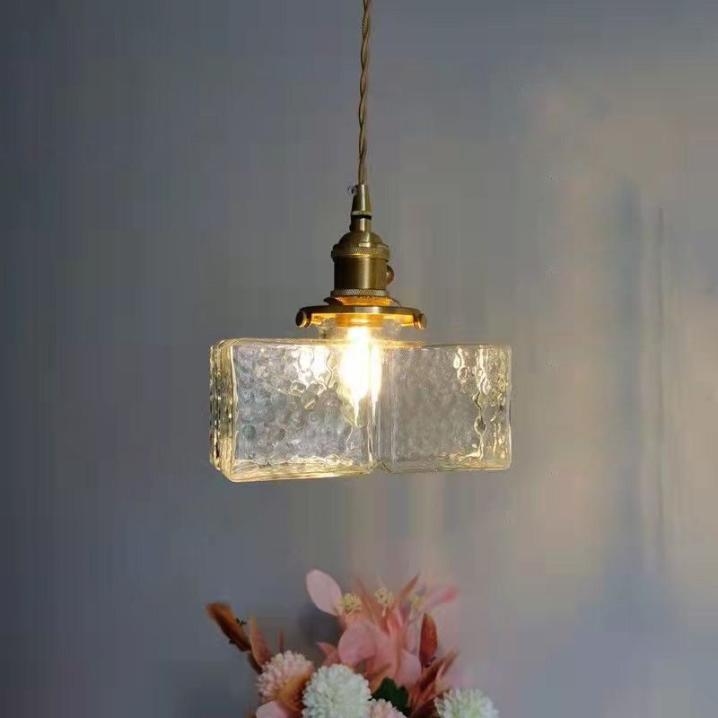 Traditional Vintage Square Rectangle Ripple Glass Iron 1-Light Pendant Light For Living Room