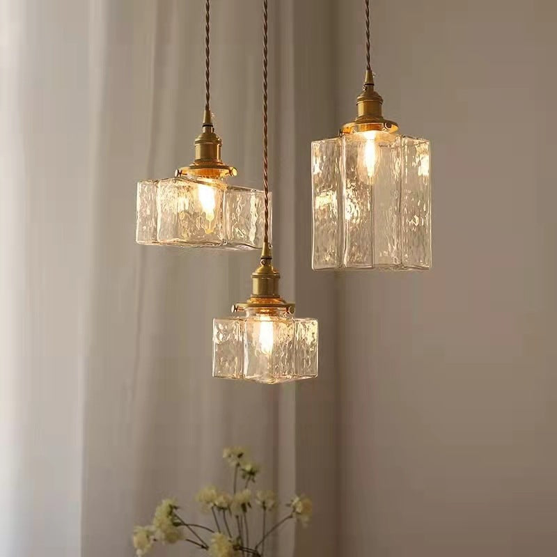 Traditional Vintage Square Rectangle Ripple Glass Iron 1-Light Pendant Light For Living Room