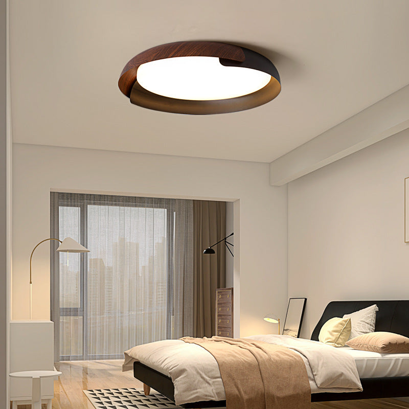 Contemporary Nordic Round Disc Wood Grain Iron Acrylic LED Flush Mount Ceiling Light For Living Room