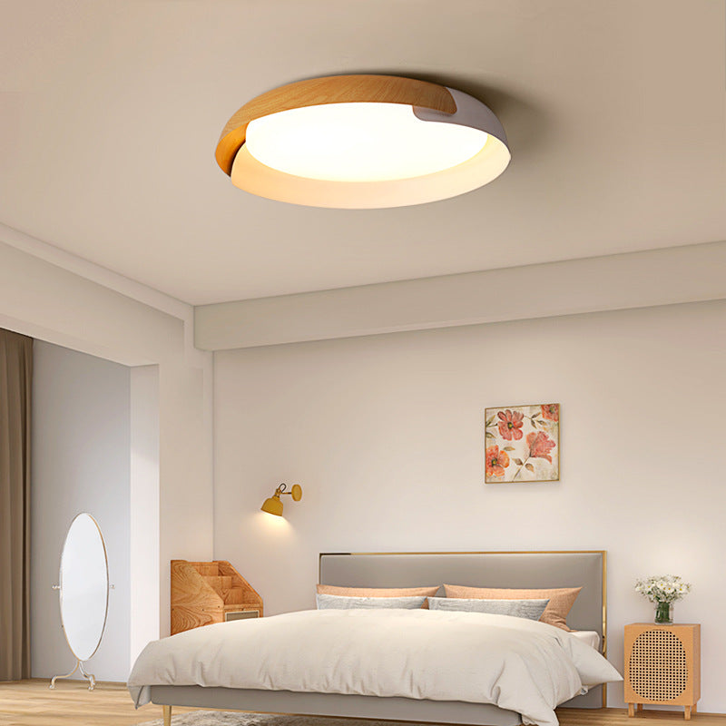 Contemporary Nordic Round Disc Wood Grain Iron Acrylic LED Flush Mount Ceiling Light For Living Room