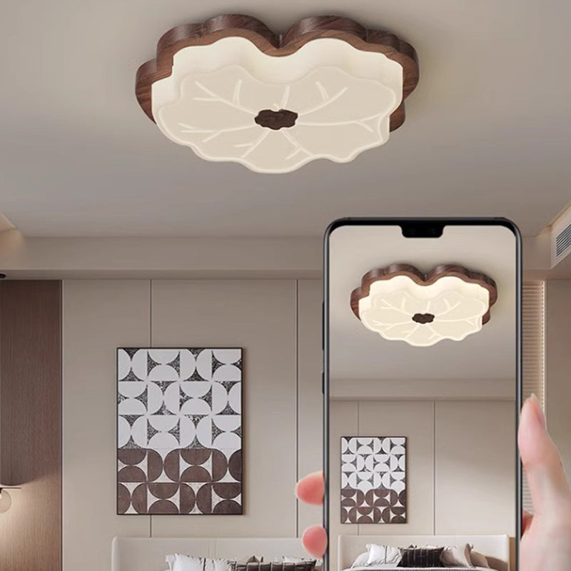 Contemporary Creative Lotus Leaf Wood PE LED Flush Mount Ceiling Light For Bedroom