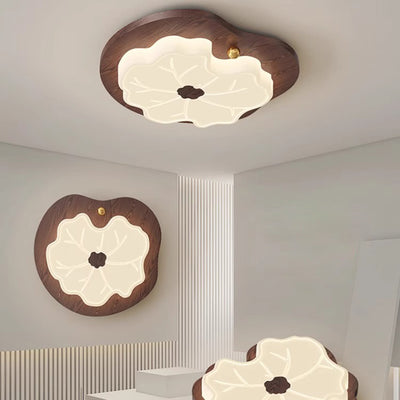 Contemporary Creative Lotus Leaf Wood PE LED Flush Mount Ceiling Light For Bedroom