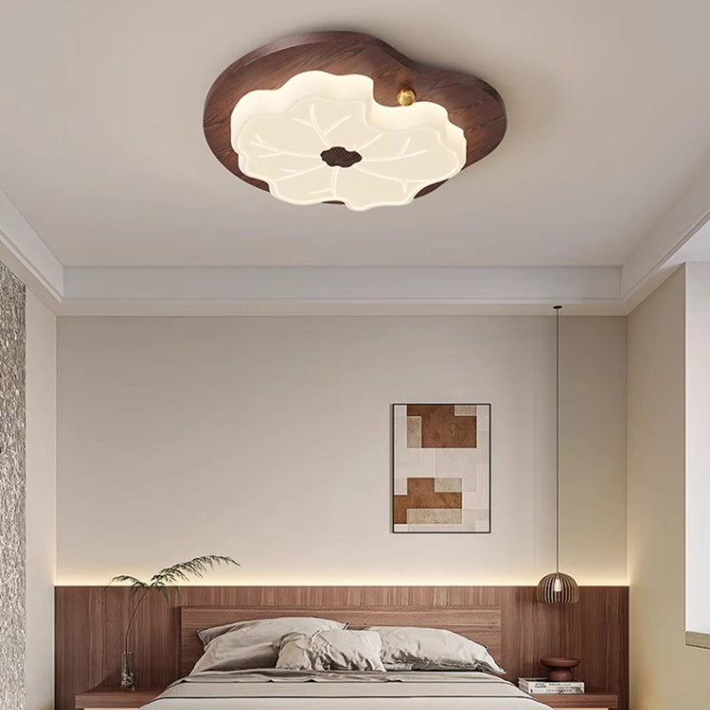 Contemporary Creative Lotus Leaf Wood PE LED Flush Mount Ceiling Light For Bedroom