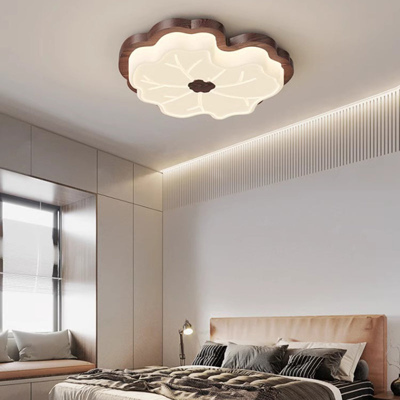 Contemporary Creative Lotus Leaf Wood PE LED Flush Mount Ceiling Light For Bedroom