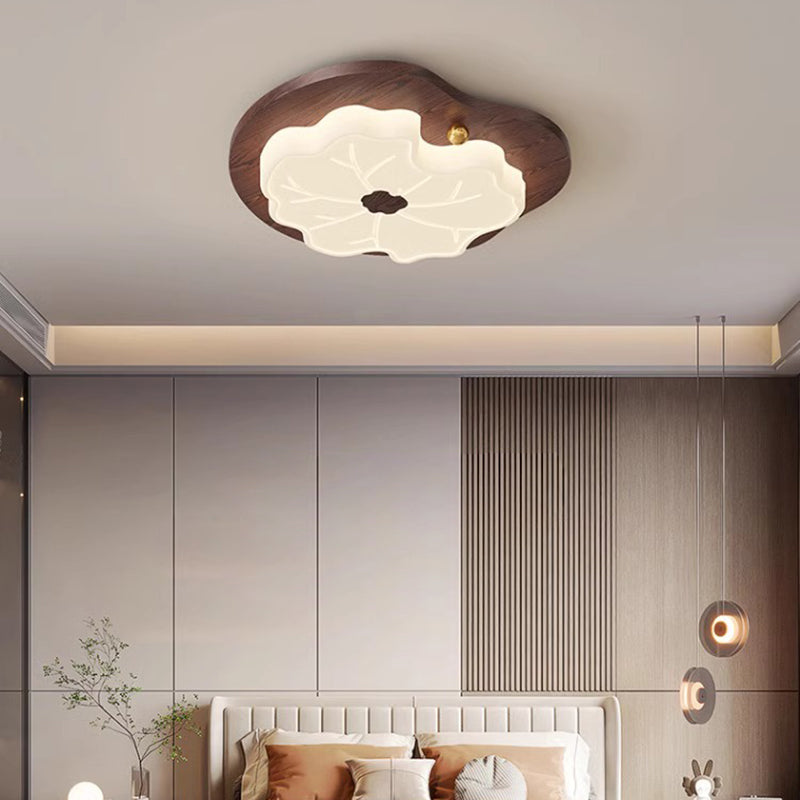 Contemporary Creative Lotus Leaf Wood PE LED Flush Mount Ceiling Light For Bedroom