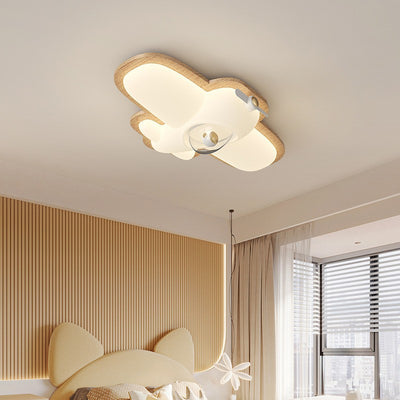 Contemporary Creative Airplane Wood PE LED Flush Mount Ceiling Light For Bedroom