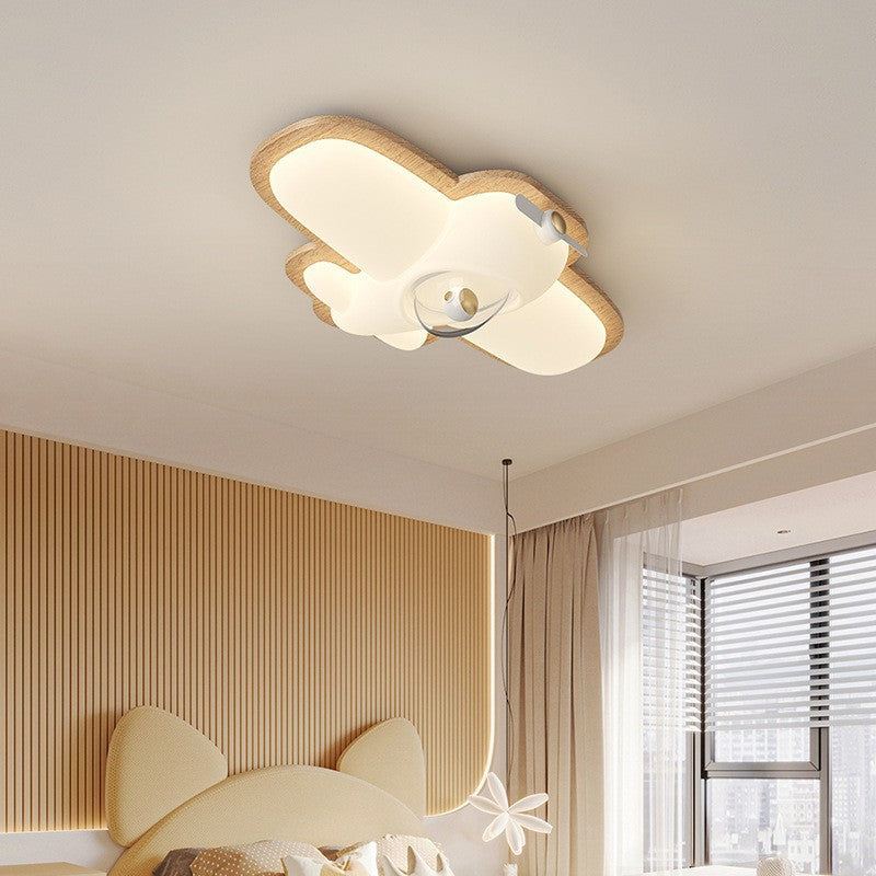 Contemporary Creative Airplane Wood PE LED Flush Mount Ceiling Light For Bedroom