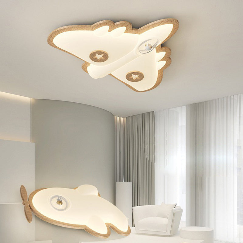 Contemporary Creative Airplane Wood PE LED Flush Mount Ceiling Light For Bedroom