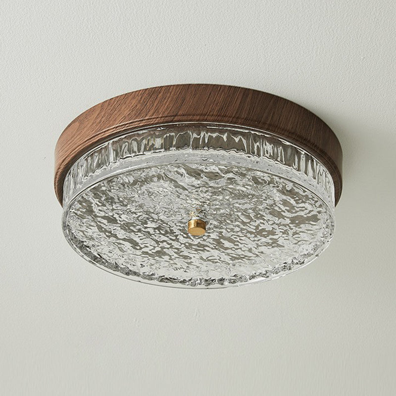 Contemporary Nordic Round Wood Grain Water Ripple Iron Glass LED Flush Mount Ceiling Light For Bedroom