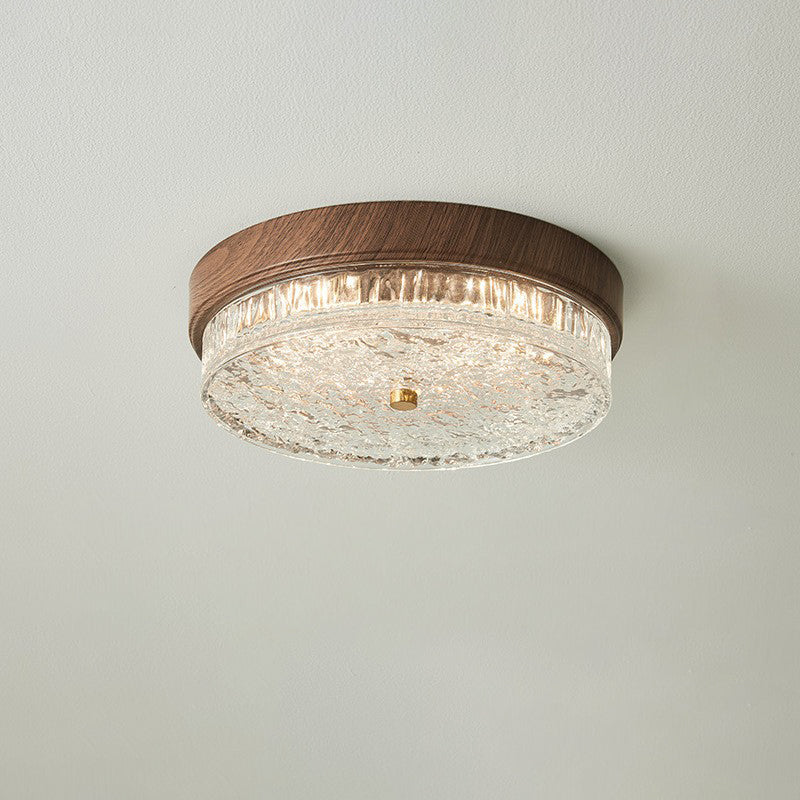 Contemporary Nordic Round Wood Grain Water Ripple Iron Glass LED Flush Mount Ceiling Light For Bedroom