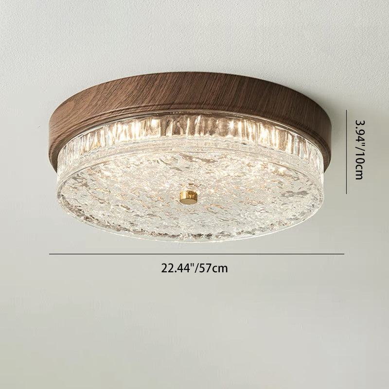 Contemporary Nordic Round Wood Grain Water Ripple Iron Glass LED Flush Mount Ceiling Light For Bedroom