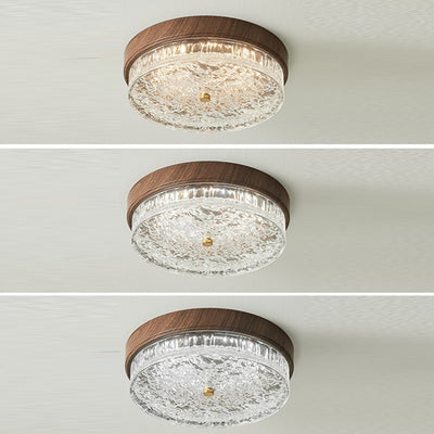 Contemporary Nordic Round Wood Grain Water Ripple Iron Glass LED Flush Mount Ceiling Light For Bedroom