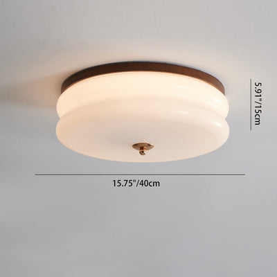 Traditional French Round Double Iron Solid Wood Glass LED Flush Mount Ceiling Light For Living Room