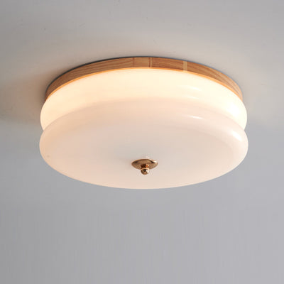 Traditional French Round Double Iron Solid Wood Glass LED Flush Mount Ceiling Light For Living Room