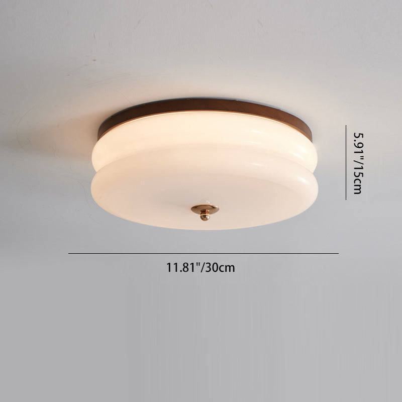 Traditional French Round Double Iron Solid Wood Glass LED Flush Mount Ceiling Light For Living Room