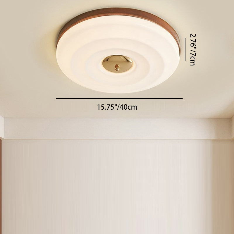 Contemporary Nordic Cream Round Iron Wood Acrylic LED Flush Mount Ceiling Light For Bedroom