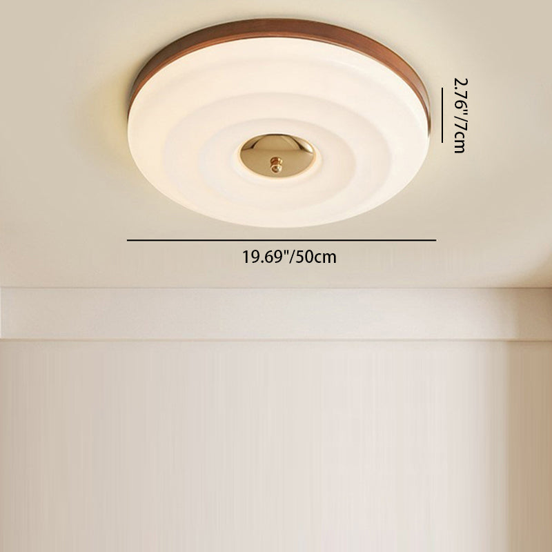 Contemporary Nordic Cream Round Iron Wood Acrylic LED Flush Mount Ceiling Light For Bedroom