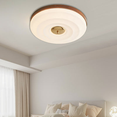 Contemporary Nordic Cream Round Iron Wood Acrylic LED Flush Mount Ceiling Light For Bedroom