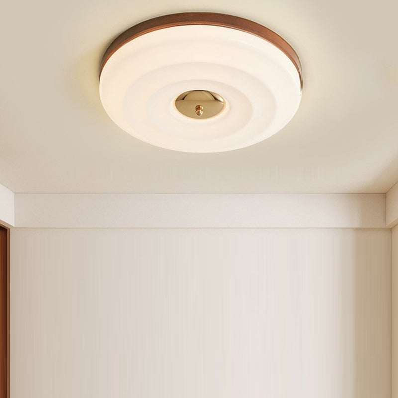 Contemporary Nordic Cream Round Iron Wood Acrylic LED Flush Mount Ceiling Light For Bedroom