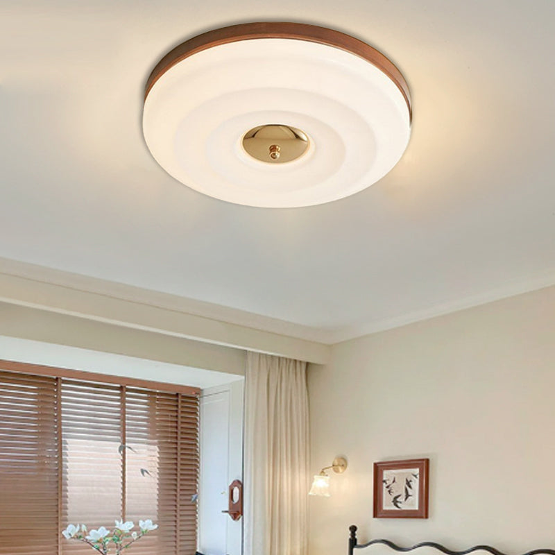 Contemporary Nordic Cream Round Iron Wood Acrylic LED Flush Mount Ceiling Light For Bedroom