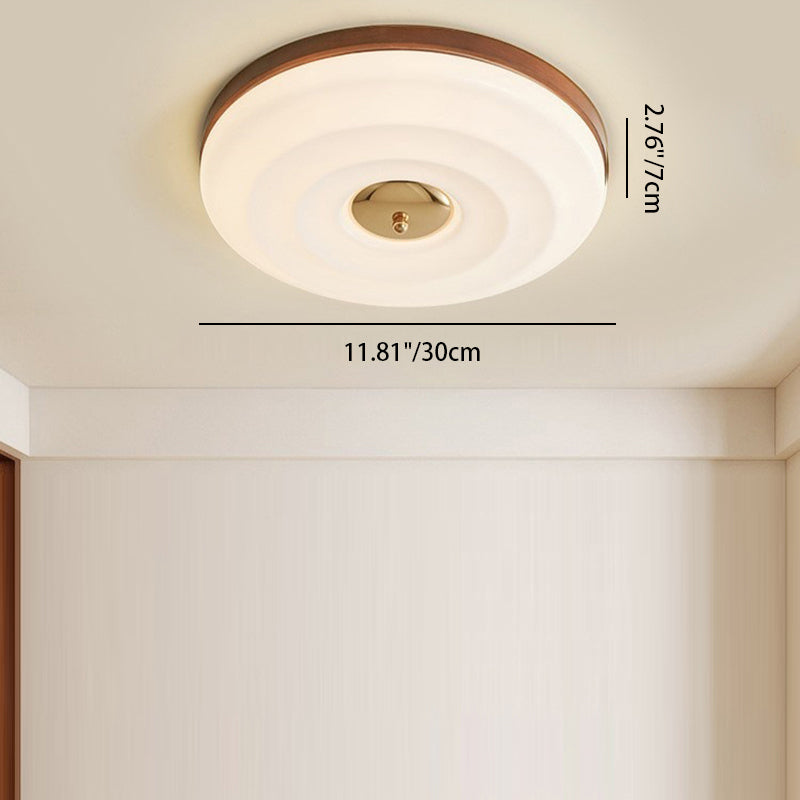 Contemporary Nordic Cream Round Iron Wood Acrylic LED Flush Mount Ceiling Light For Bedroom