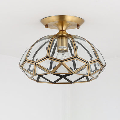 Contemporary Luxury Polygonal Quadrilateral Copper Glass 1-Light Semi-Flush Mount Ceiling Light For Living Room