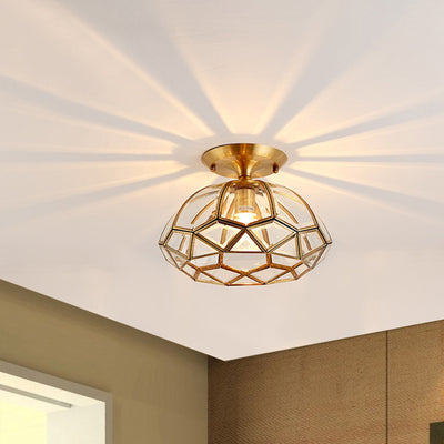 Contemporary Luxury Polygonal Quadrilateral Copper Glass 1-Light Semi-Flush Mount Ceiling Light For Living Room