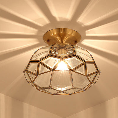 Contemporary Luxury Polygonal Quadrilateral Copper Glass 1-Light Semi-Flush Mount Ceiling Light For Living Room