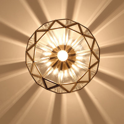 Contemporary Luxury Polygonal Quadrilateral Copper Glass 1-Light Semi-Flush Mount Ceiling Light For Living Room